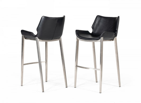 Set Of Two 42" Black Faux Leather And Steel Low Back Bar Height Chairs With Footrest