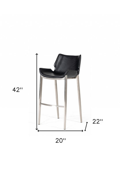 Set Of Two 42" Black Faux Leather And Steel Low Back Bar Height Chairs With Footrest