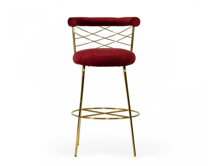 39" Red And Gold Velvet Low Back Bar Height Chair With Footrest