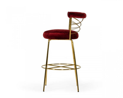 39" Red And Gold Velvet Low Back Bar Height Chair With Footrest