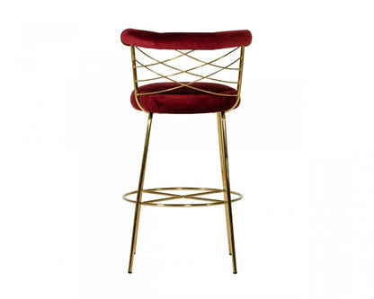 39" Red And Gold Velvet Low Back Bar Height Chair With Footrest