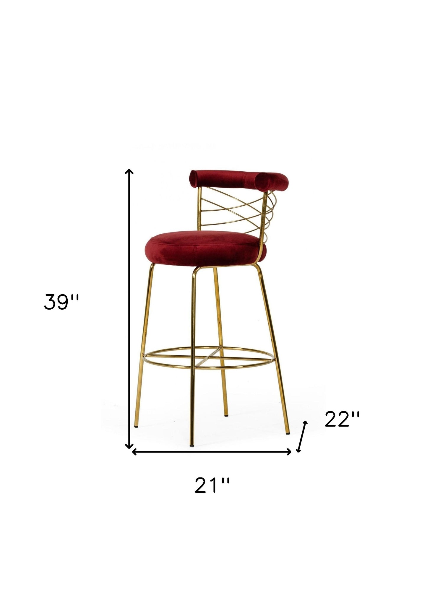 39" Red And Gold Velvet Low Back Bar Height Chair With Footrest