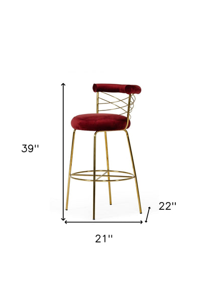 39" Red And Gold Velvet Low Back Bar Height Chair With Footrest