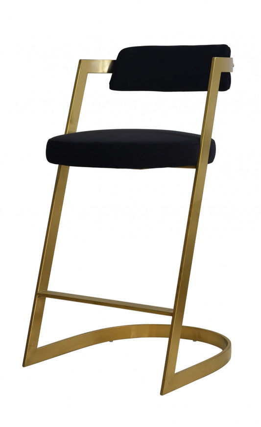 26" Black And Gold Velvet And Stainless Steel Low Back Counter Height Bar Chair With Footrest