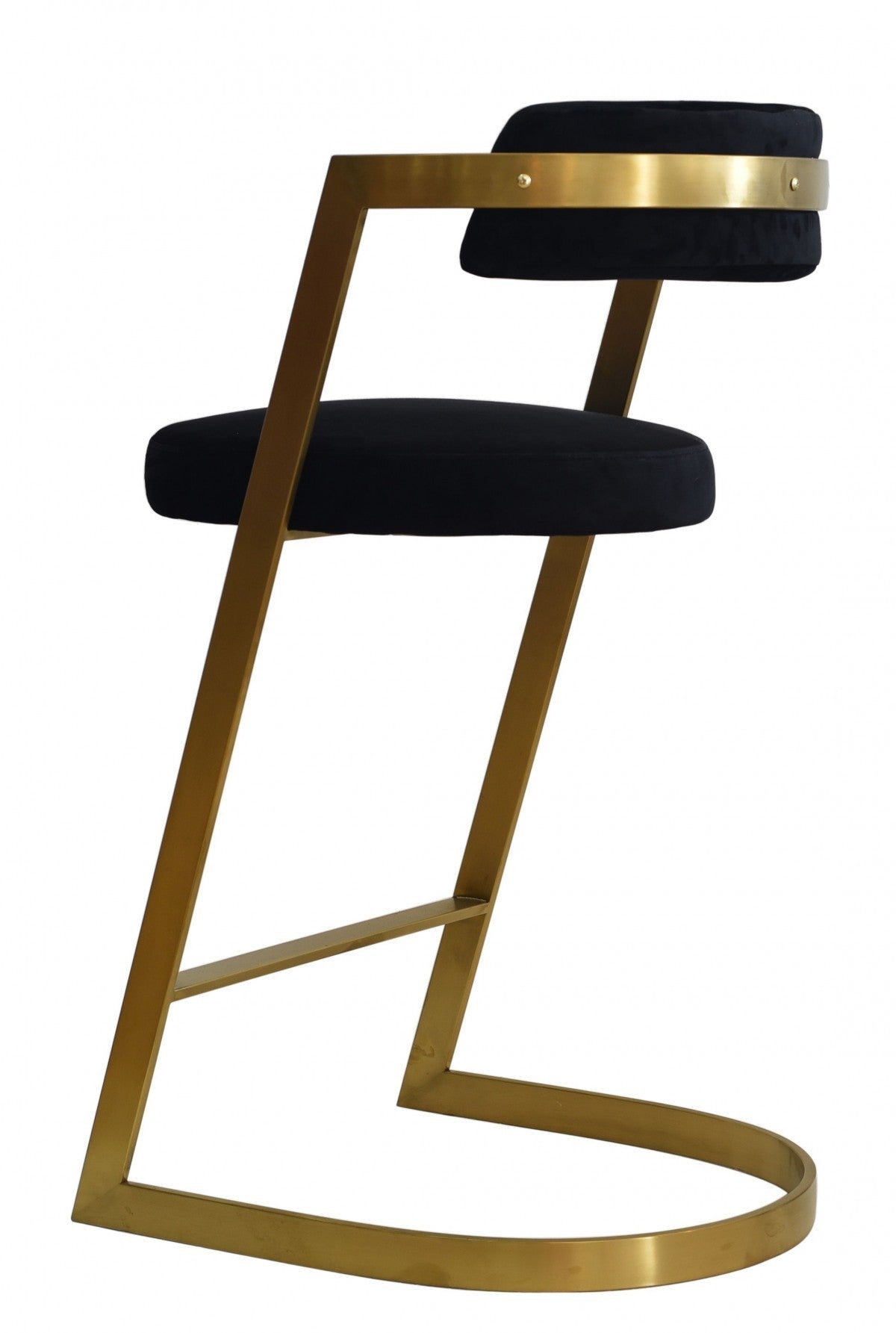 26" Black And Gold Velvet And Stainless Steel Low Back Counter Height Bar Chair With Footrest