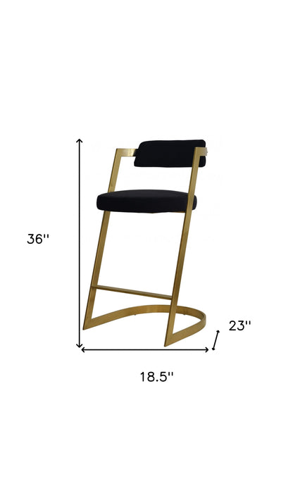 26" Black And Gold Velvet And Stainless Steel Low Back Counter Height Bar Chair With Footrest