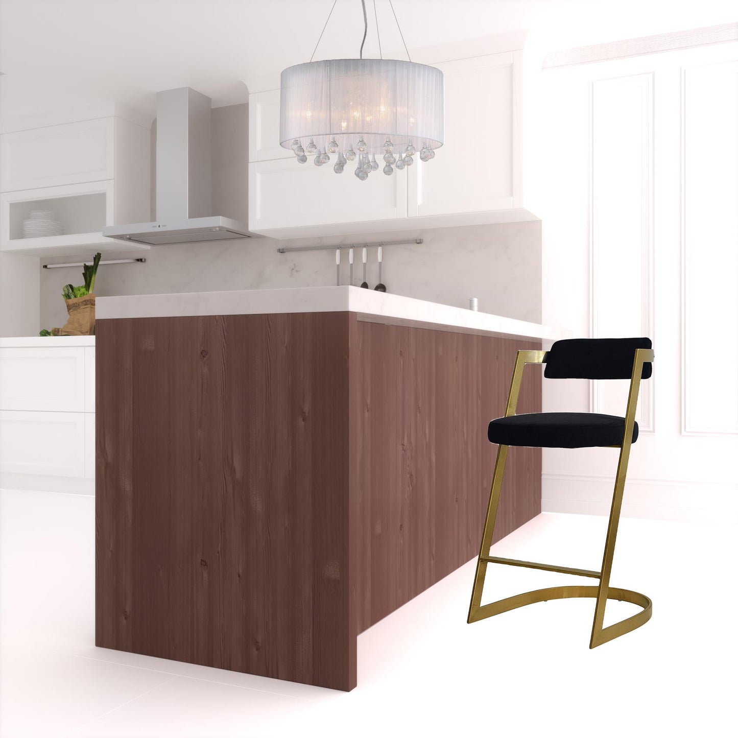 26" Black And Gold Velvet And Stainless Steel Low Back Counter Height Bar Chair With Footrest