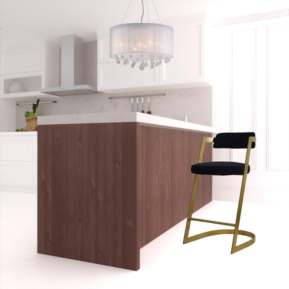 26" Black And Gold Velvet And Stainless Steel Low Back Counter Height Bar Chair With Footrest