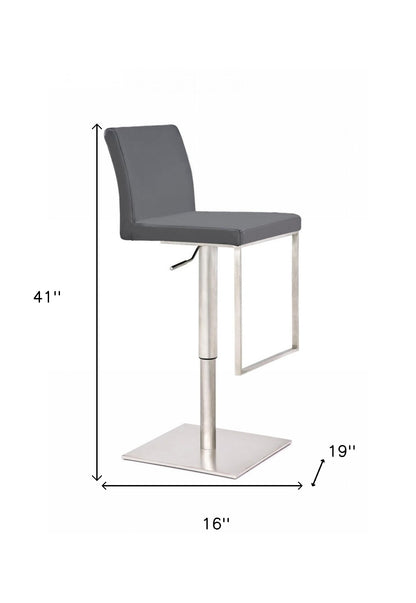 41" Grey Faux Leather And Stainless Steel Swivel Low Back Adjustable Height Bar Chair With Footrest
