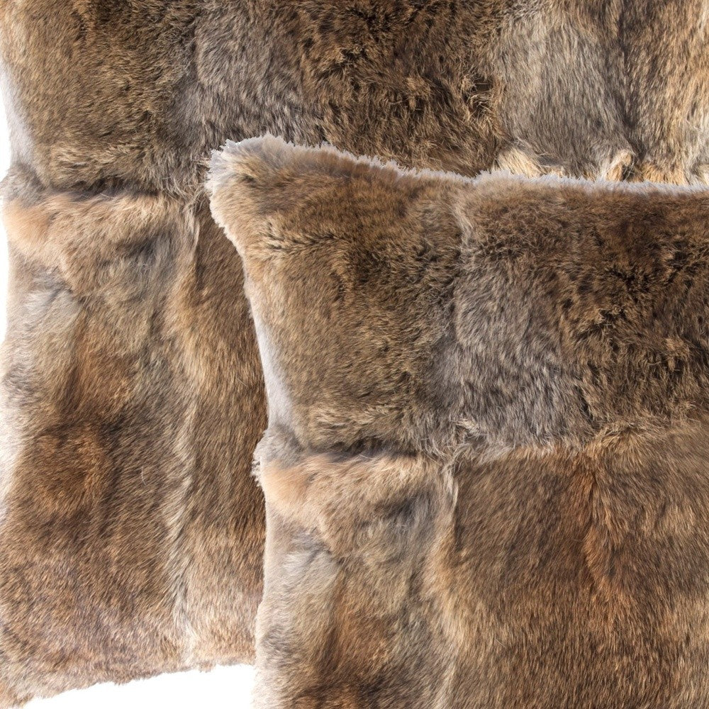 Set Of Two 18" Brown Rabbit Zippered Natural Fur Throw Pillows