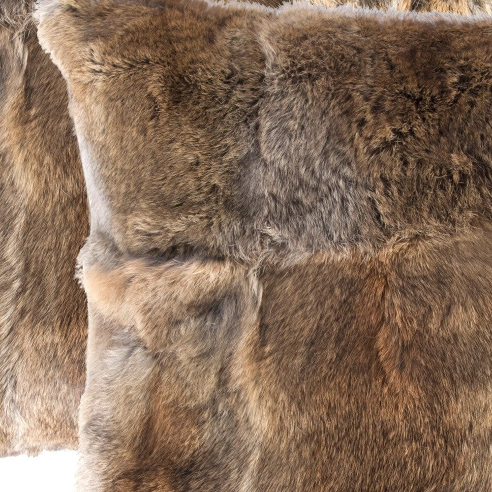 Set Of Two 18" Brown Rabbit Zippered Natural Fur Throw Pillows