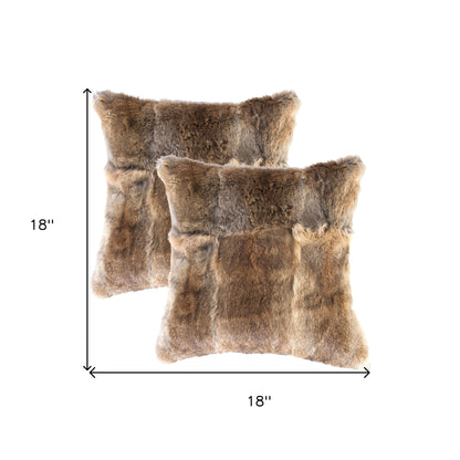 Set Of Two 18" Brown Rabbit Zippered Natural Fur Throw Pillows