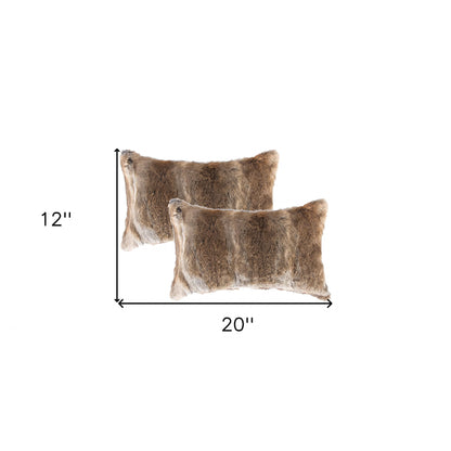 Set Of Two 12" X 20" Brown Rabbit Natural Fur Animal Print Throw Pillows