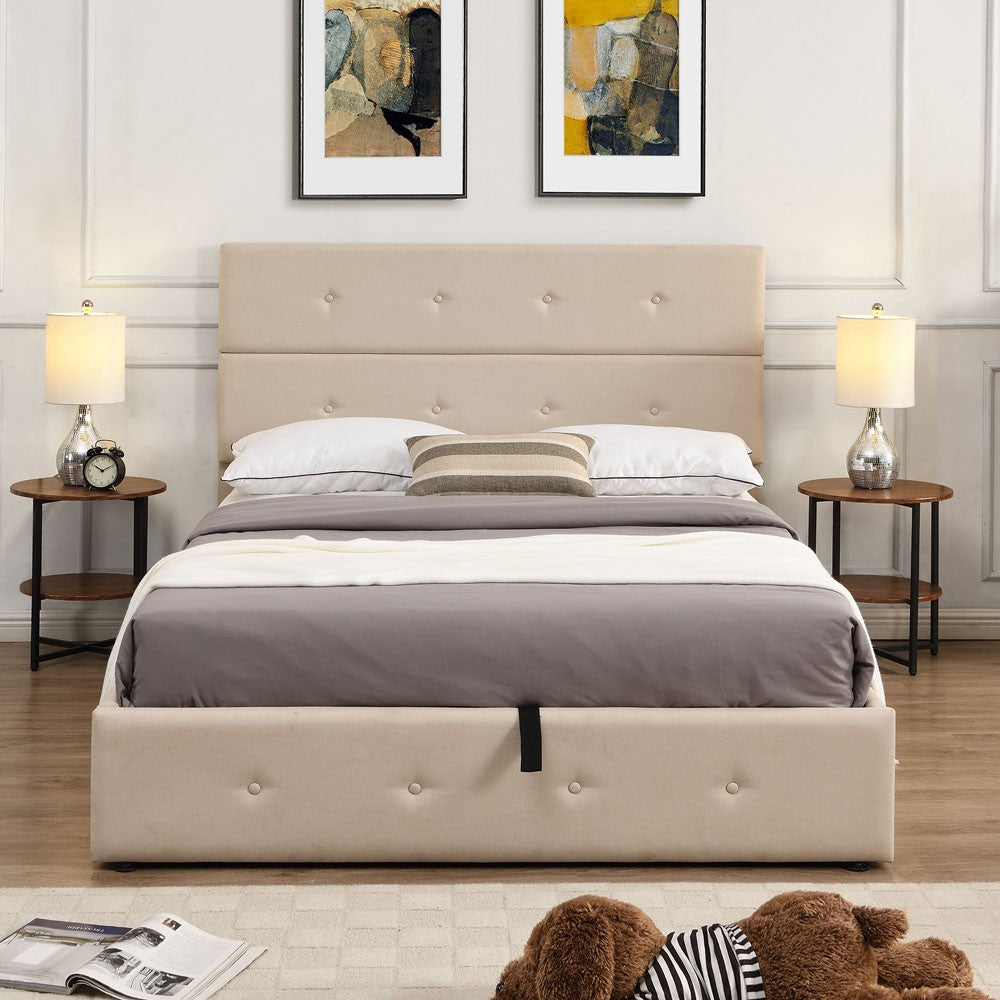 Iron Full Double Tufted Beige Upholstered Linen Blend Bed