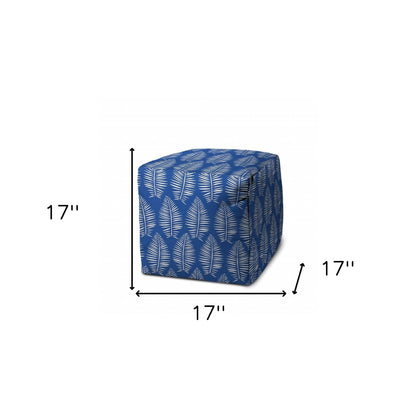 17" Blue and White Polyester Cube Floral Indoor Outdoor Pouf Ottoman