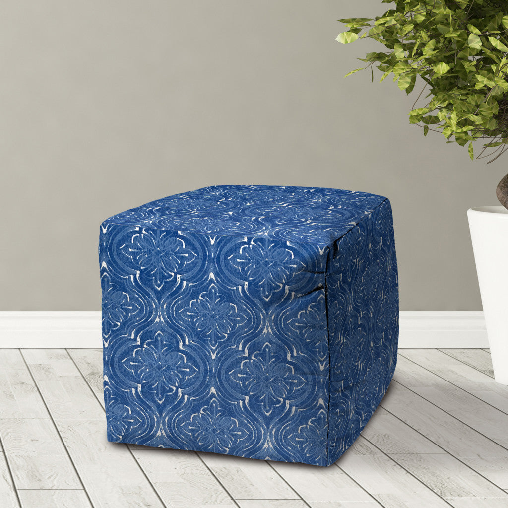 17" Blue and White Polyester Cube Damask Indoor Outdoor Pouf Ottoman