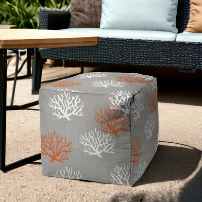17" Gray and White Polyester Cube Coral Indoor Outdoor Pouf Ottoman