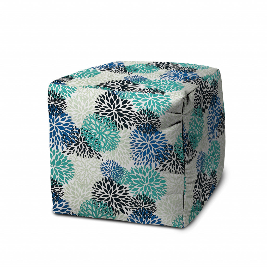 17" Blue Polyester Cube Floral Indoor Outdoor Pouf Ottoman