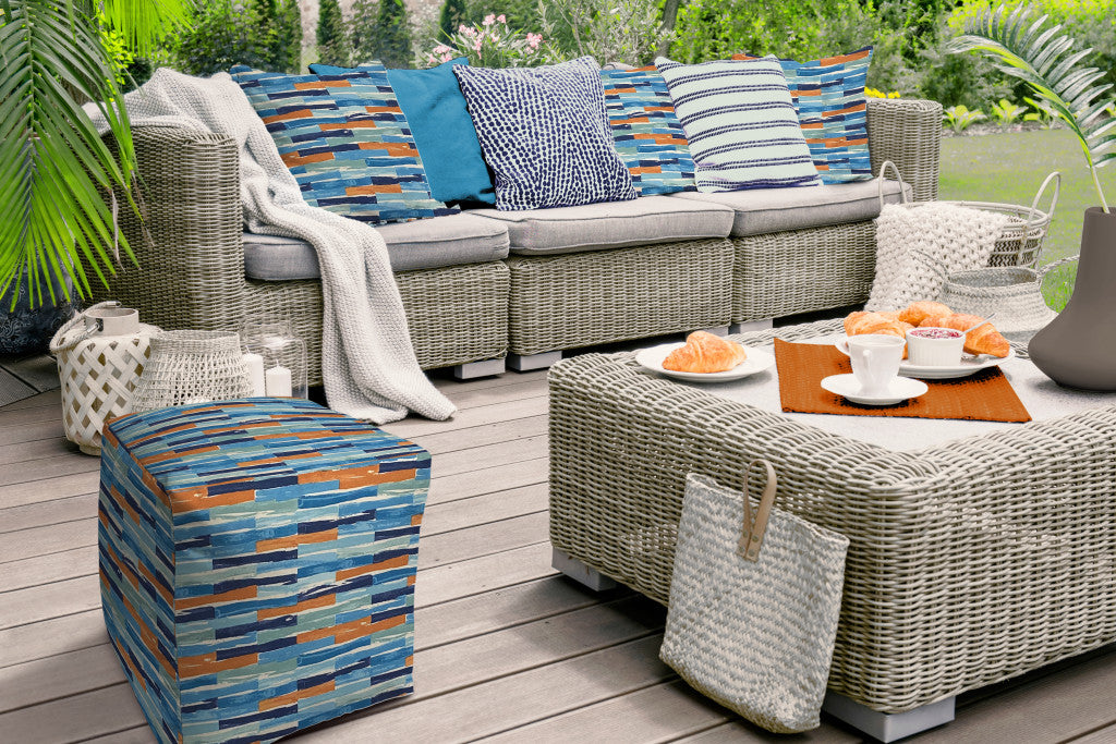 17" Blue Polyester Cube Geometric Indoor Outdoor Pouf Ottoman