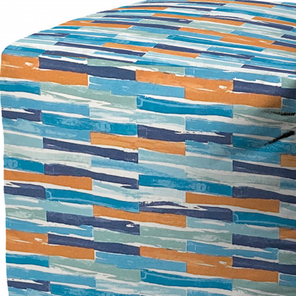 17" Blue Polyester Cube Geometric Indoor Outdoor Pouf Ottoman