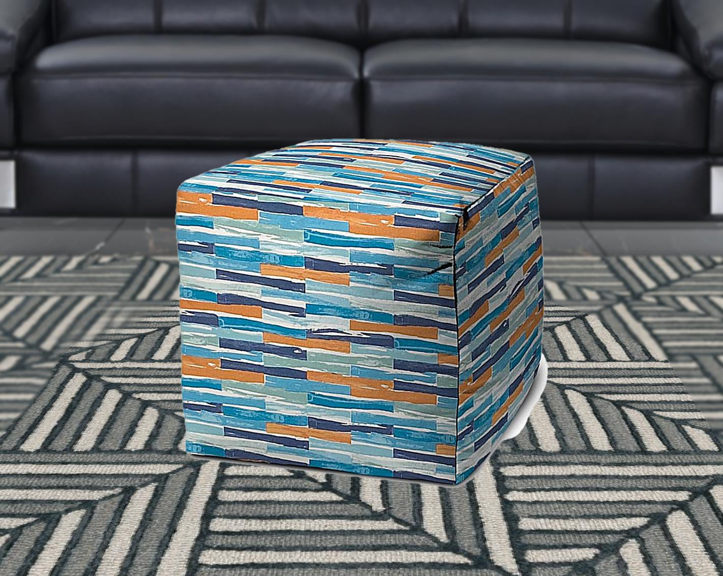 17" Blue Polyester Cube Geometric Indoor Outdoor Pouf Ottoman