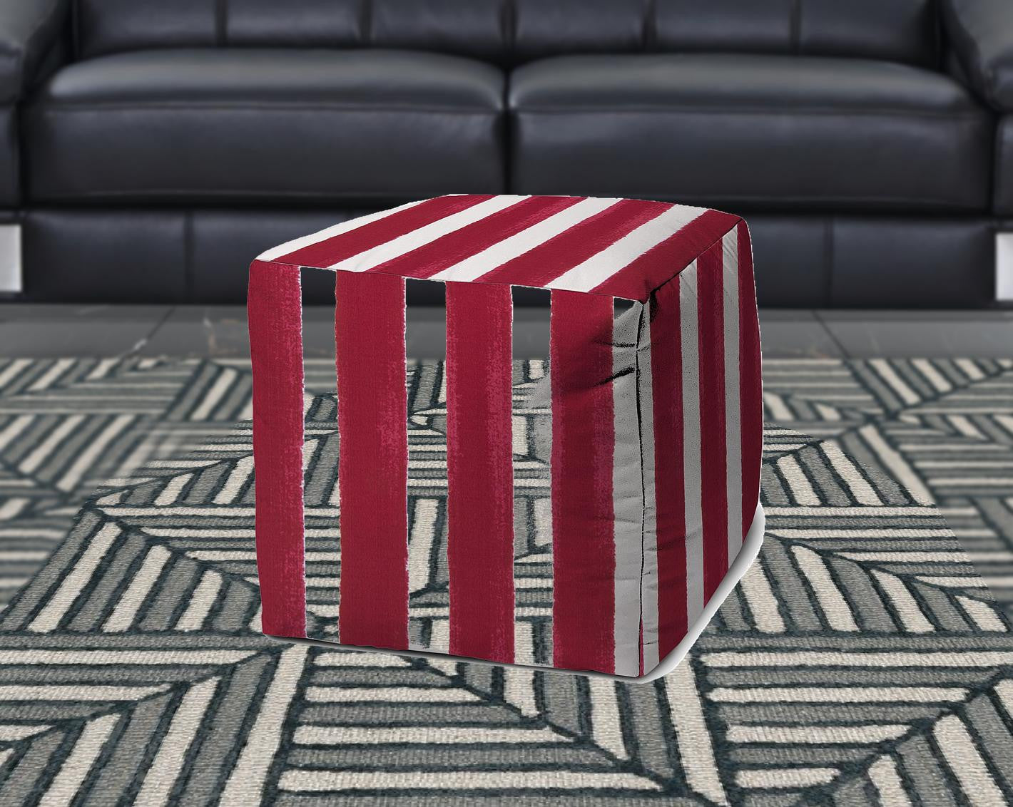 17" Red And White Polyester Cube Striped Indoor Outdoor Pouf Ottoman