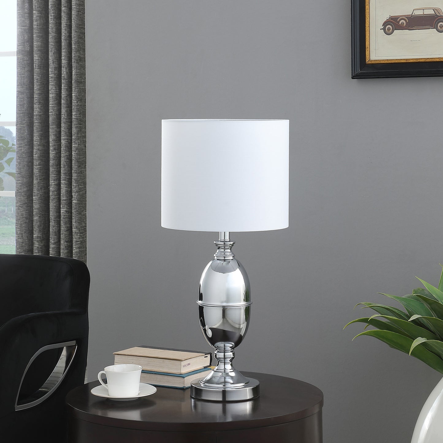 25" Silver Chrome Metal Standard Table Lamp With White Shade