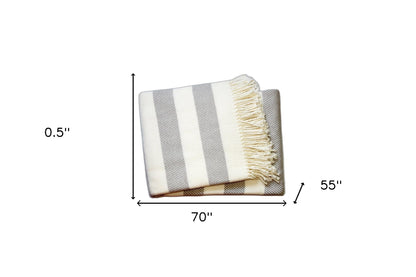 Cream and Gray Slanted Stripe Fringed Throw Blanket