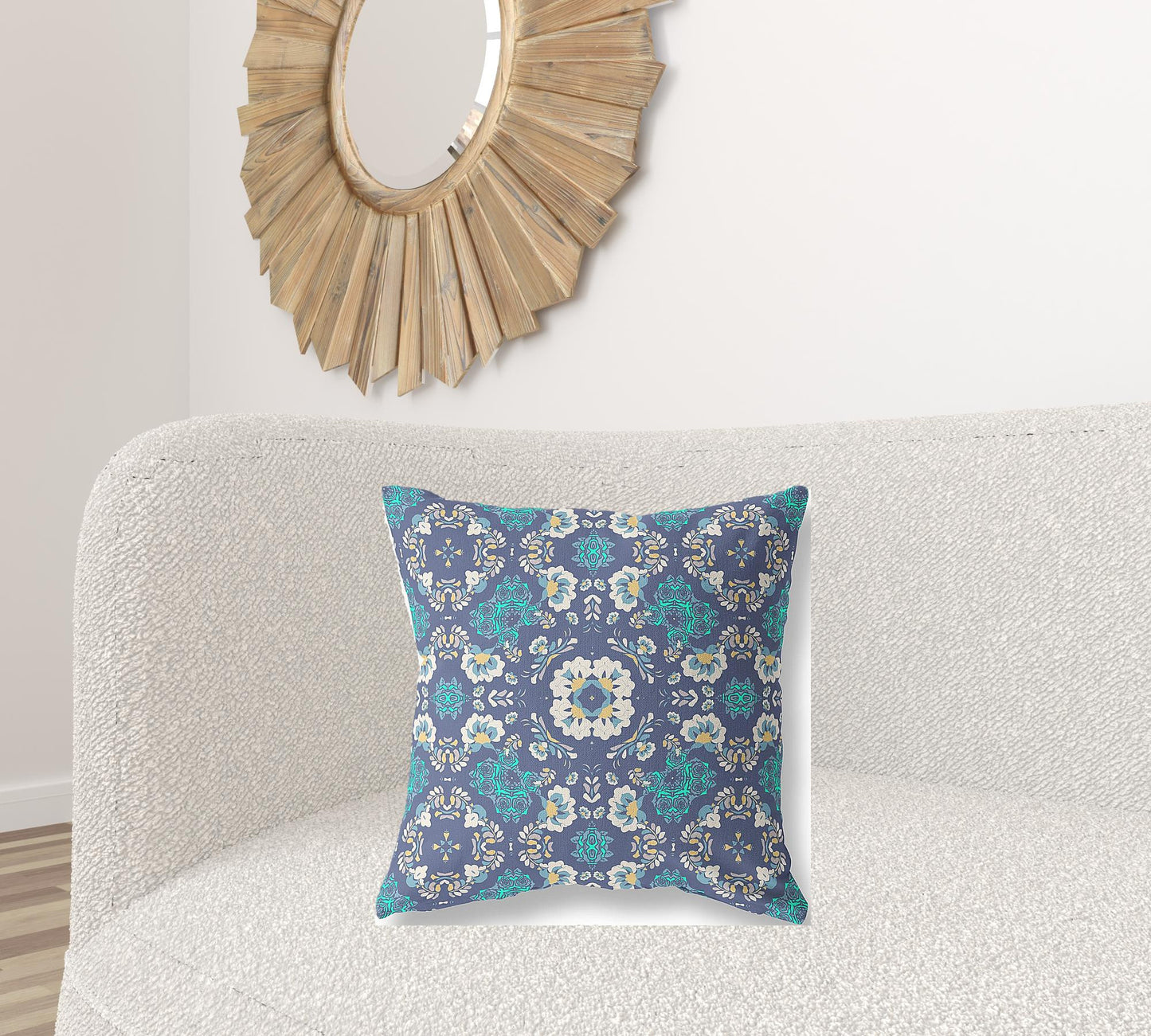 18" X 18" Blue And White Zippered Suede Geometric Throw Pillow