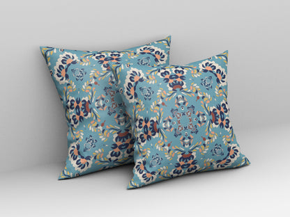 18" X 18" Gray And Blue Blown Seam Suede Geometric Throw Pillow