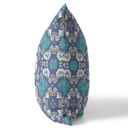 18" X 18" Blue And White Blown Seam Suede Geometric Throw Pillow