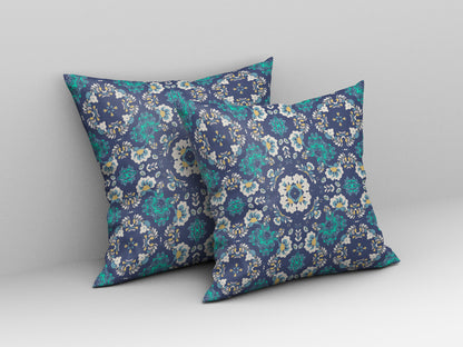 18" X 18" Blue And White Blown Seam Suede Geometric Throw Pillow