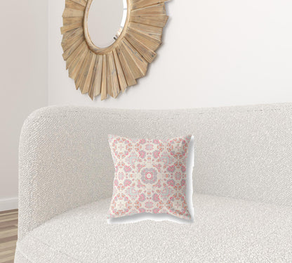 16" X 16" Pink And White Floral Blown Seam Suede Throw Pillow
