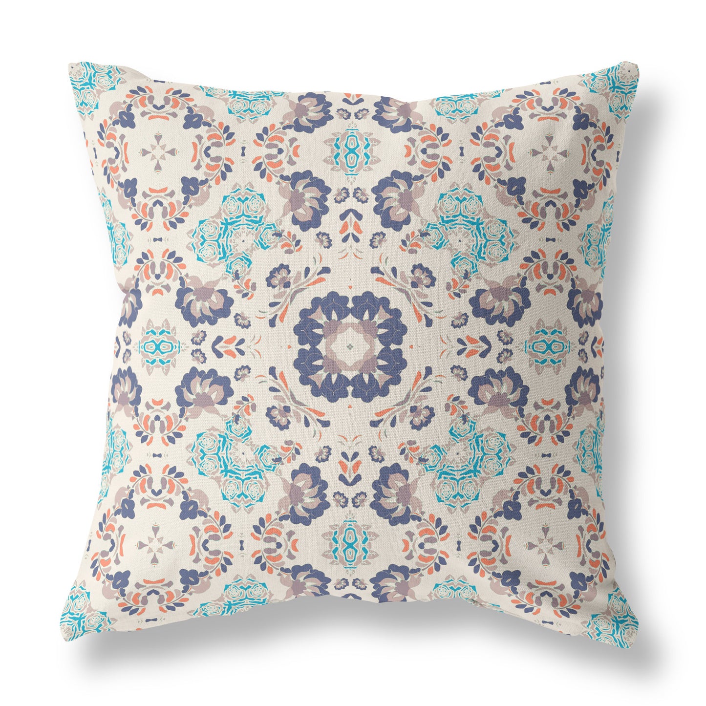 16" X 16" Off White And Blue Floral Blown Seam Suede Throw Pillow