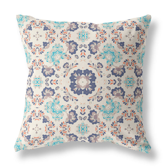 16" X 16" Off White And Blue Floral Blown Seam Suede Throw Pillow