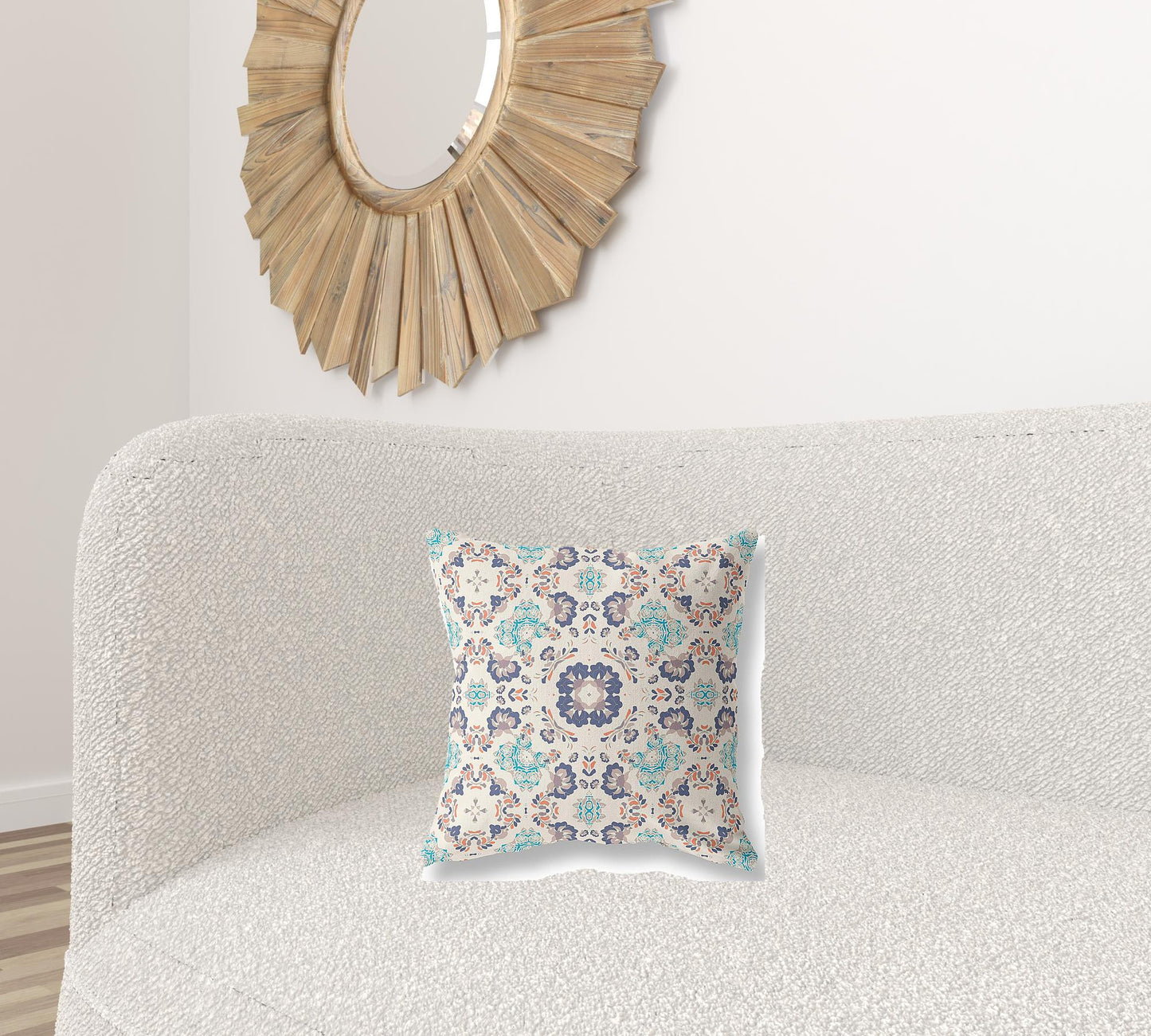 16" X 16" Off White And Blue Floral Blown Seam Suede Throw Pillow