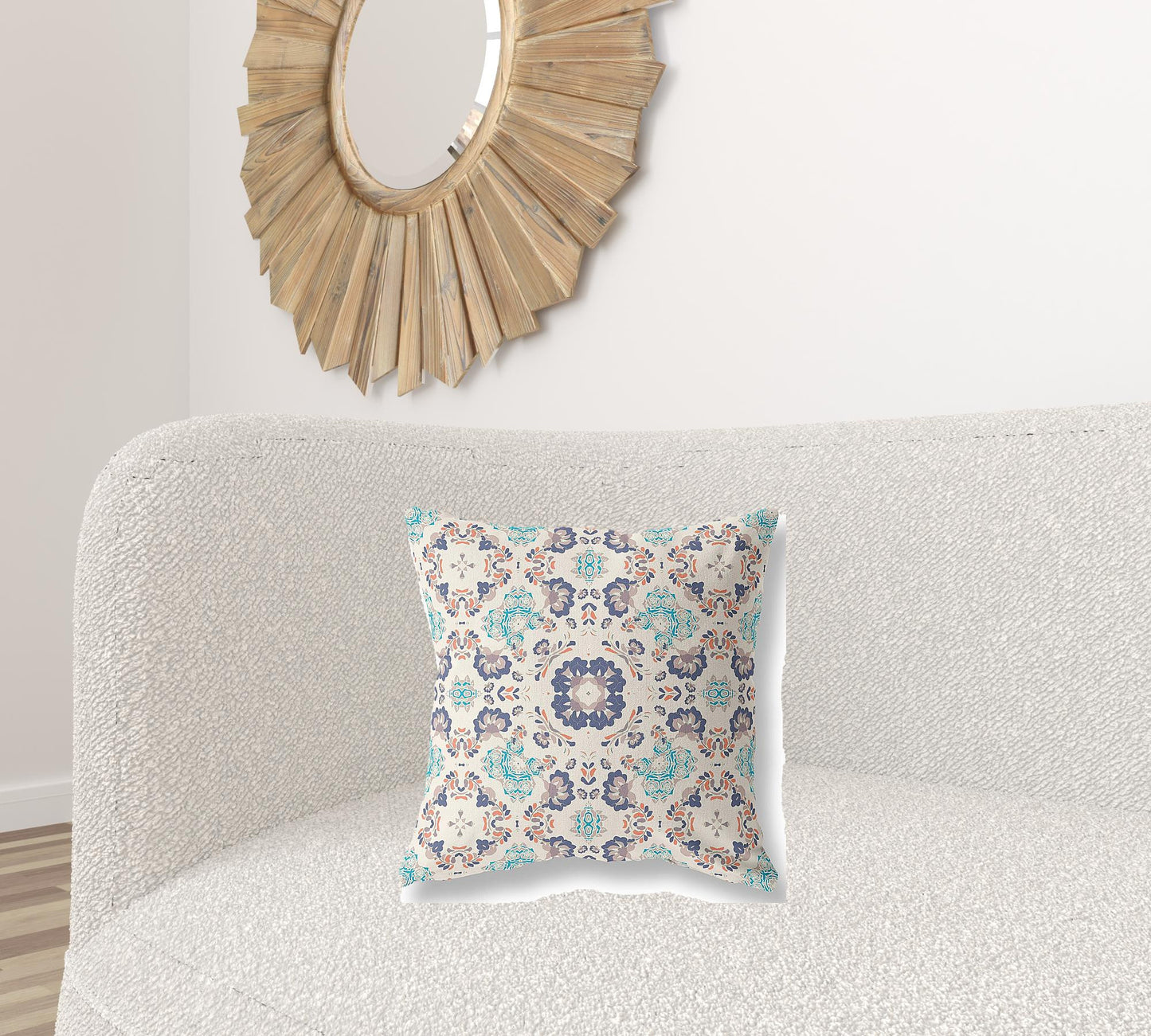 18" X 18" Off White And Blue Floral Blown Seam Suede Throw Pillow
