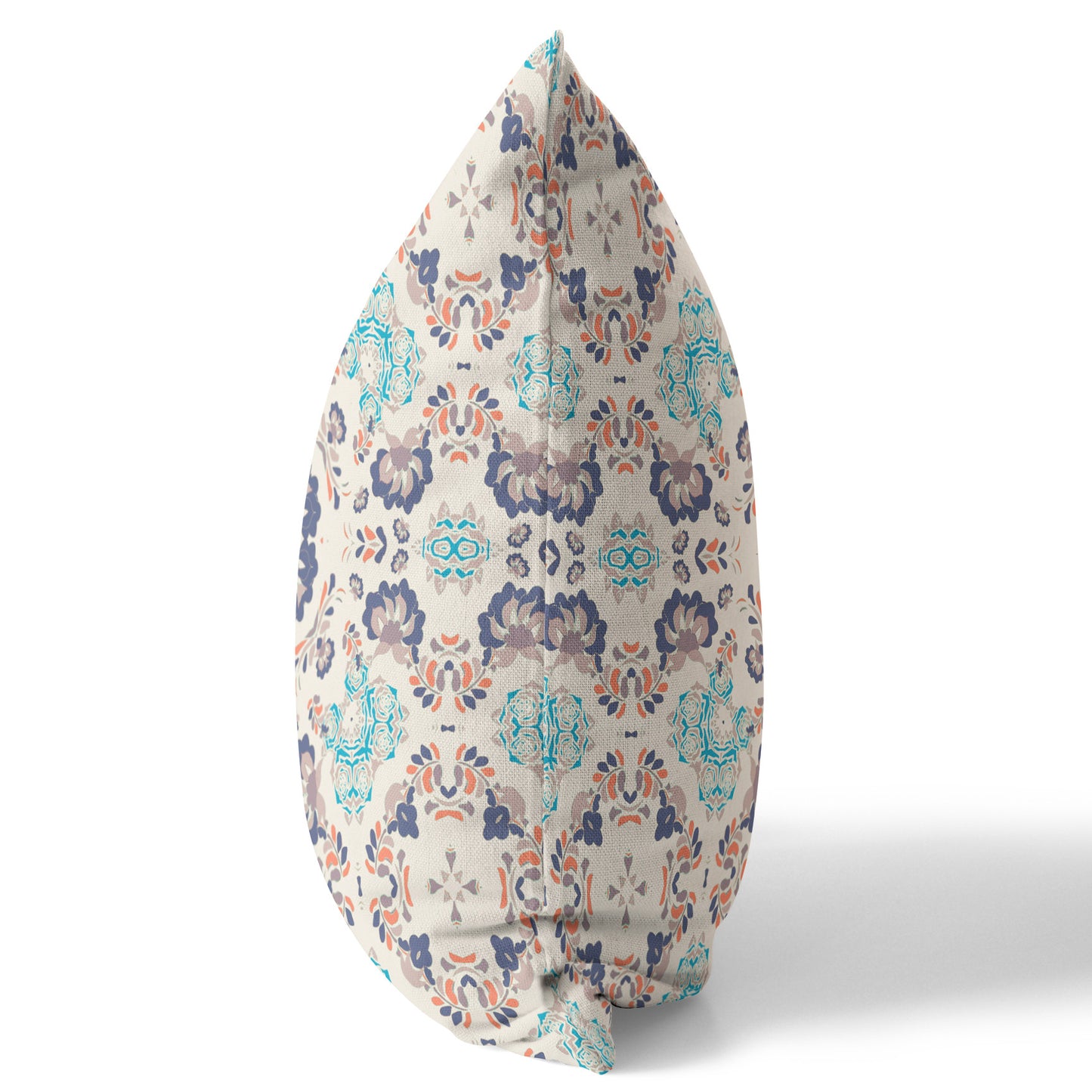 18" X 18" Off White And Blue Floral Blown Seam Suede Throw Pillow