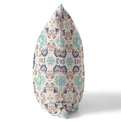 18" X 18" Off White And Blue Floral Blown Seam Suede Throw Pillow