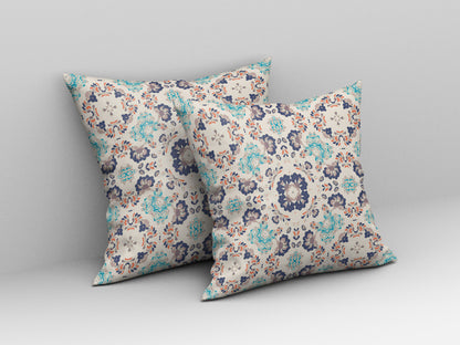 18" X 18" Off White And Blue Floral Blown Seam Suede Throw Pillow