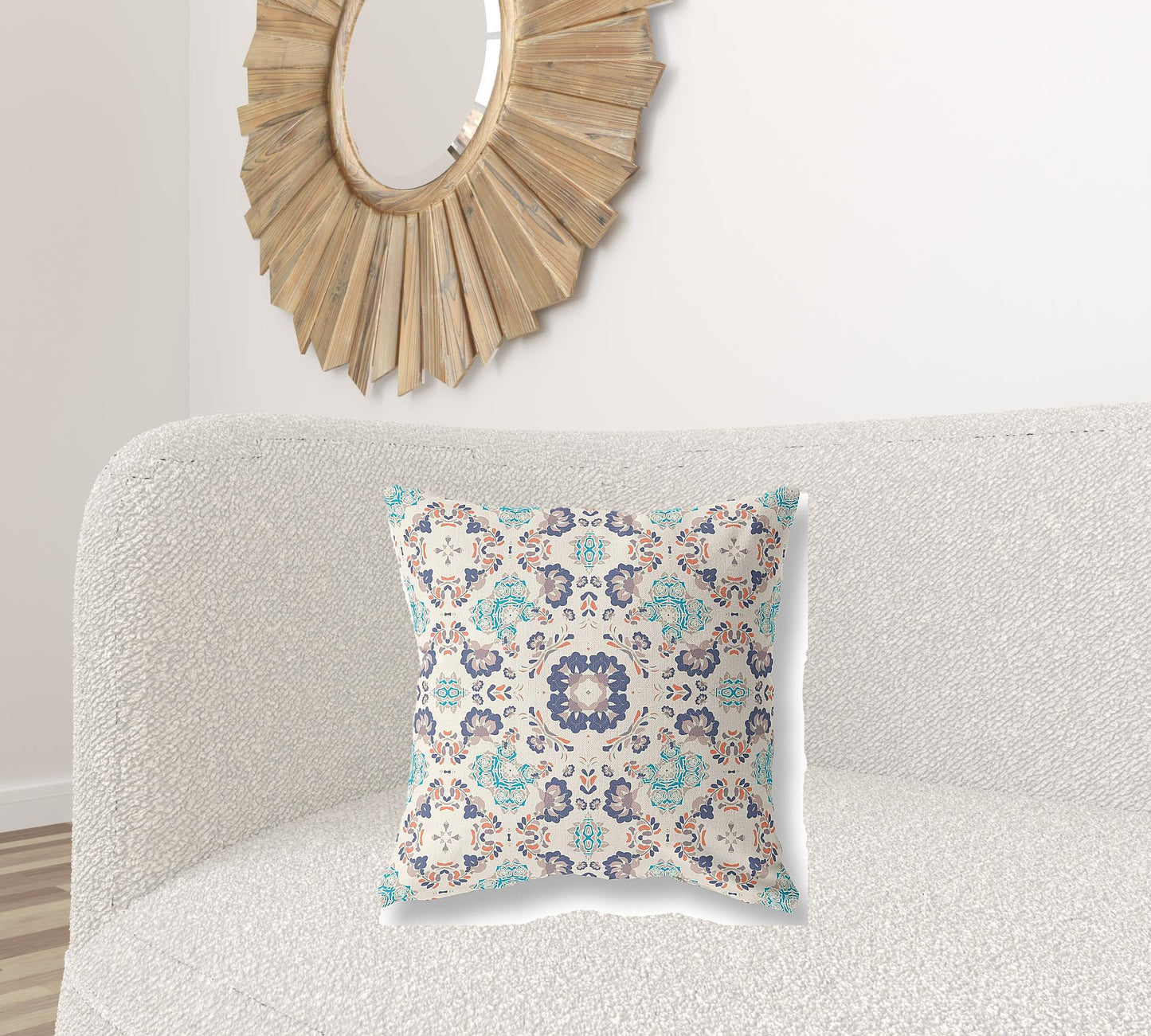 18" X 18" Off White And Blue Floral Blown Seam Suede Throw Pillow