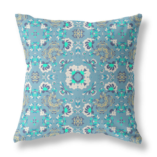 18" X 18" Light Blue Floral Blown Seam Suede Throw Pillow