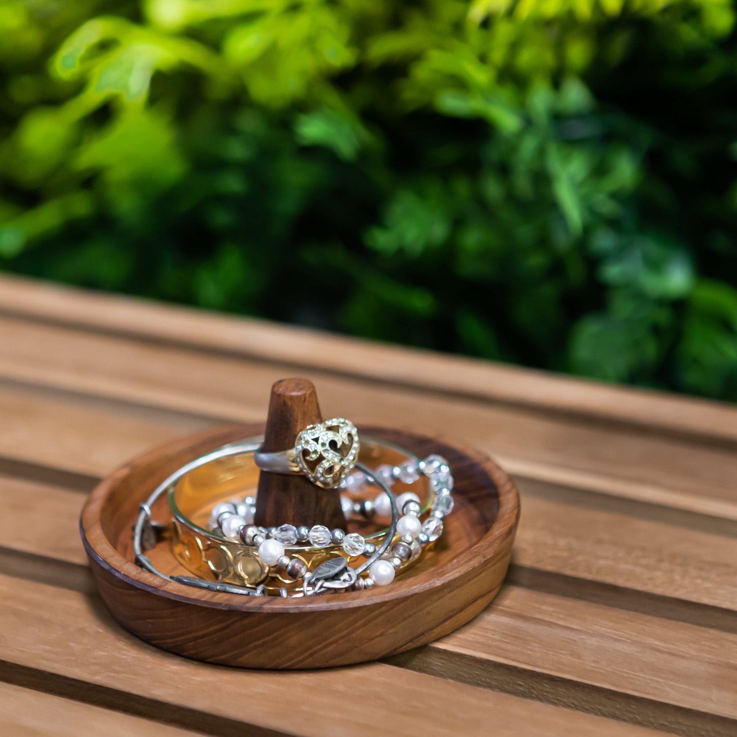 Traditional Solid Teak Ring Cone Jewelry Dish