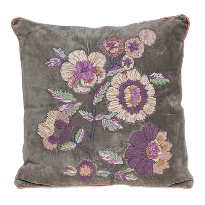18" X 18" Taupe And Purple Zippered 100% Cotton Throw Pillow With Embroidery