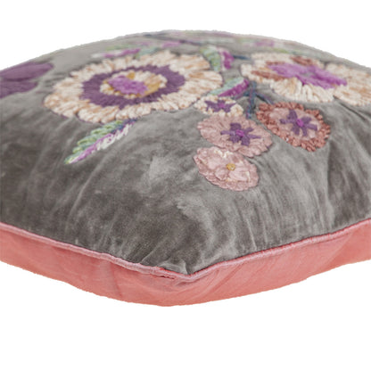 18" X 18" Taupe And Purple Zippered 100% Cotton Throw Pillow With Embroidery