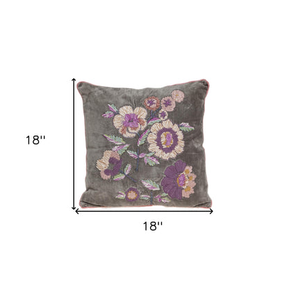 18" X 18" Taupe And Purple Zippered 100% Cotton Throw Pillow With Embroidery
