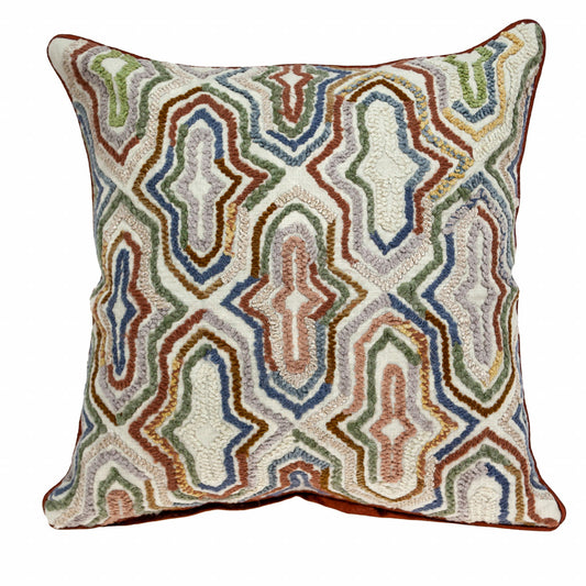 18" X 18" Beige And Brown Zippered 100% Cotton Throw Pillow With Embroidery