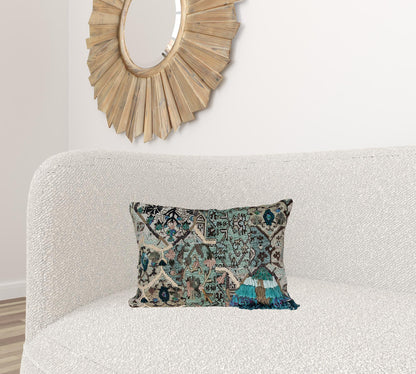 14" X 20" Beige And Green Zippered 100% Cotton Throw Pillow With Fringe