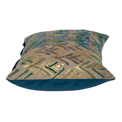14" X 20" Beige And Green Zippered 100% Cotton Throw Pillow With Embroidery