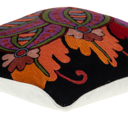20" X 20" Black And Orange Zippered 100% Cotton Throw Pillow With Embroidery